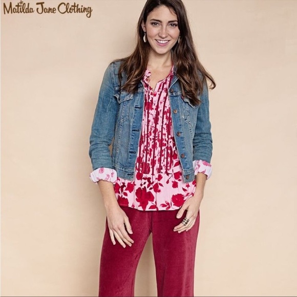 Matilda Jane Size M Miri Floral Print Pleated Blouse Long Sleeve Red Casual Top - Picture 2 of 11